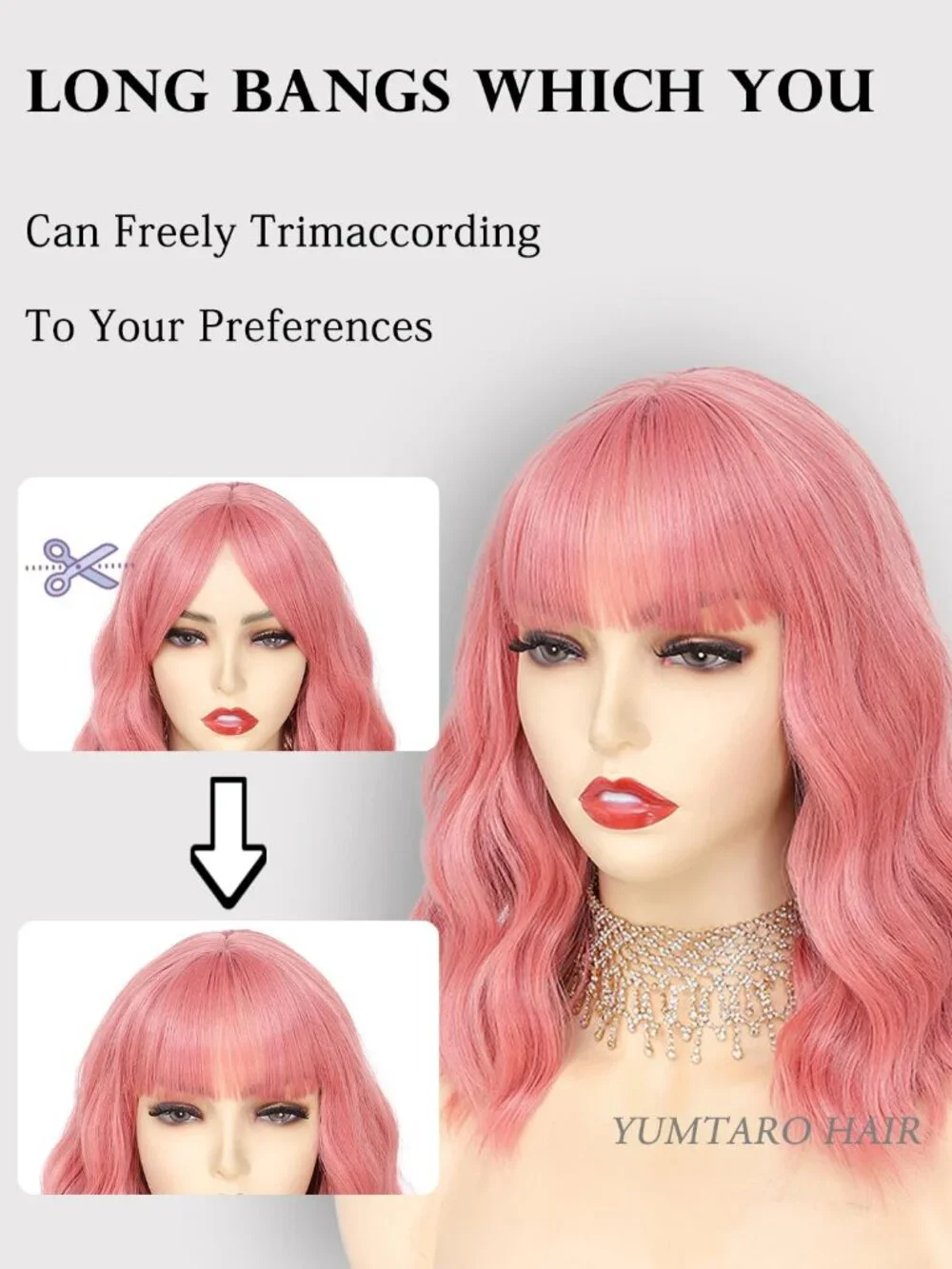 Women's Pink 14 Inch Short Shoulder Length Synthetic Bangs Wavy Bob Wig